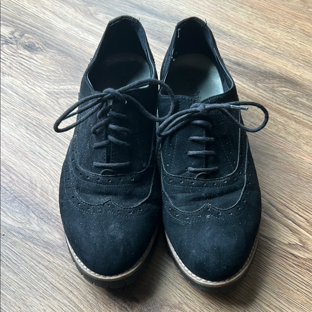 Sophie17 Black Flats with Suede Finish and Lace-Up Design